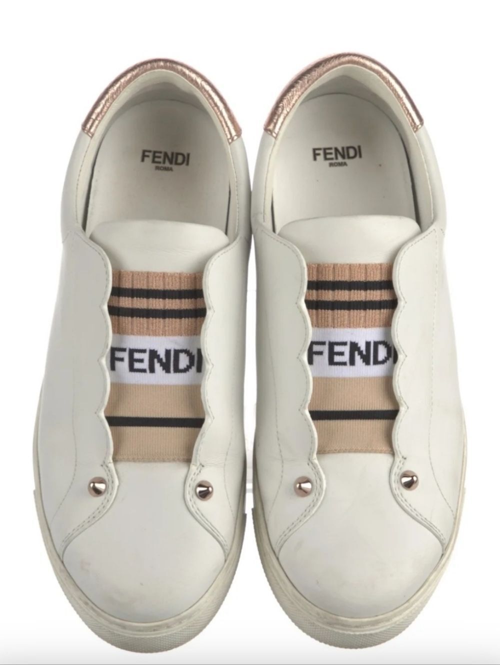 Fendi White Leather Slip-On Sneakers with Beige Logo Band